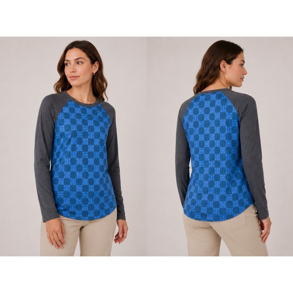 LuLaRoe Women's XS Blue Checkered Raglan Tunic Top Gray Long‎ Sleeve